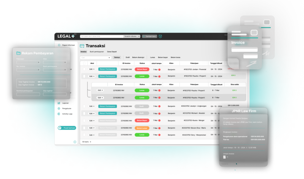 Antarmuka transaksi dan faktur di aplikasi Legal Plus menunjukkan daftar invoice dan status pembayarannya, bagian dari sistem manajemen perkara hukum berbasis digital di kantor hukum.