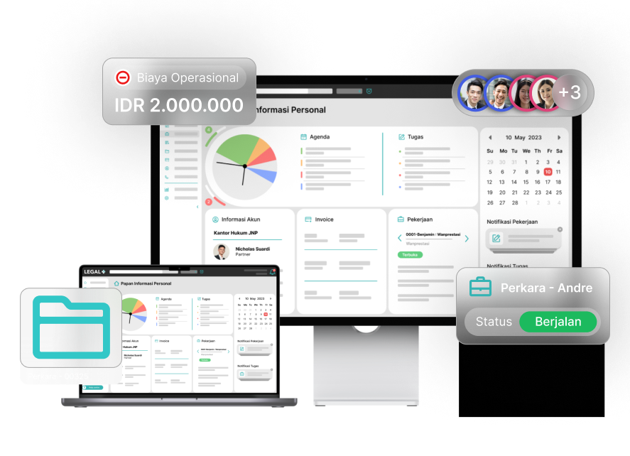 Antarmuka Legal Plus menampilkan dashboard tugas, kalender, dan pengelolaan biaya di kantor hukum, mewakili solusi legal tech dan sistem manajemen perkara hukum berbasis digital.